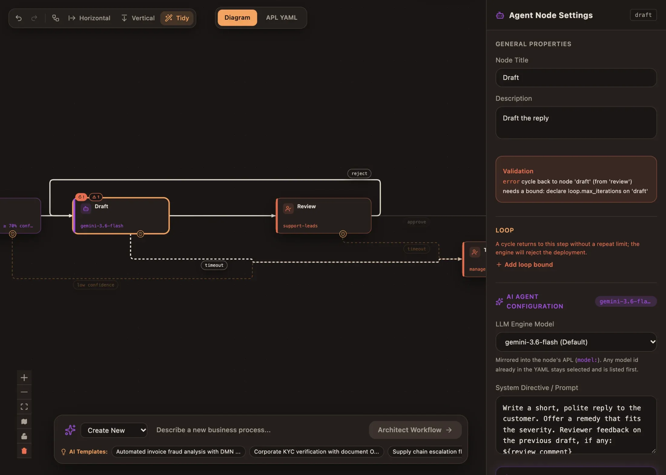 A loop step without a limit: red badges, the validation message and Add loop bound
